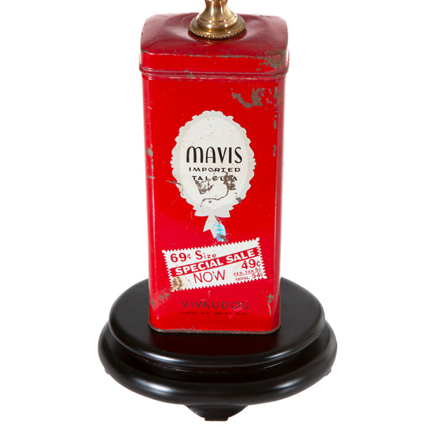 Vintage Red Mavis Powder Tin Lamp with New Fabric Lampshade