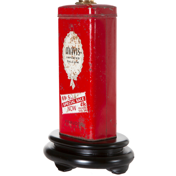 Vintage Red Mavis Powder Tin Lamp with New Fabric Lampshade