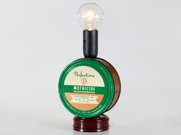 Vintage Small Avon Tin Mounted on Base with New Filament Light Bulb