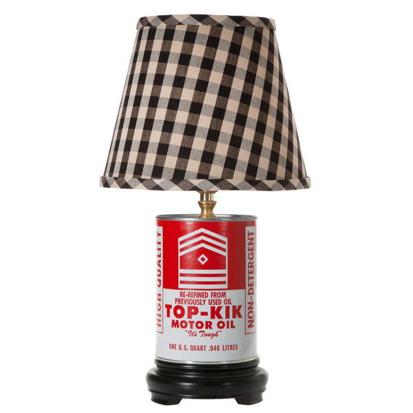 Vintage Motor Oil Tin Lamp with New Black Check Lampshade