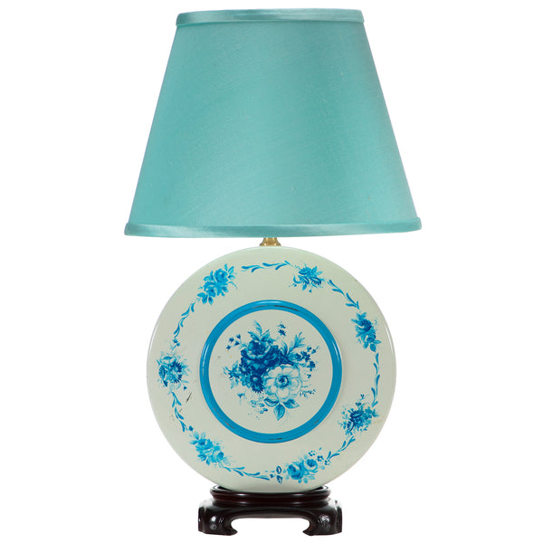 One-of-a-Kind Vintage Blue White Tin Lamp with New Fabric Lampshade