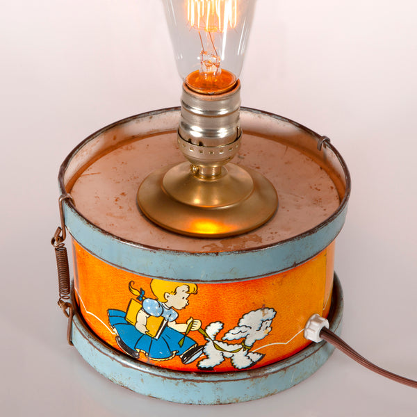 Vintage Children's Litho Metal Drum with New Filament Lightbulb